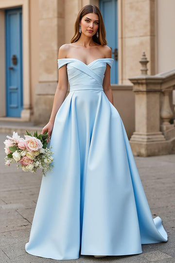 Off The Shoulder Sky Blue A Line Long Wedding Dress